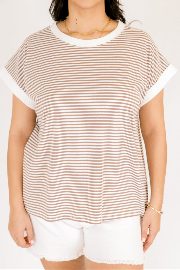 Chic Soul plus size clothing, light mocha striped short sleeve tee with white cuffs at the end of the sleeves and outlining the neckline 
