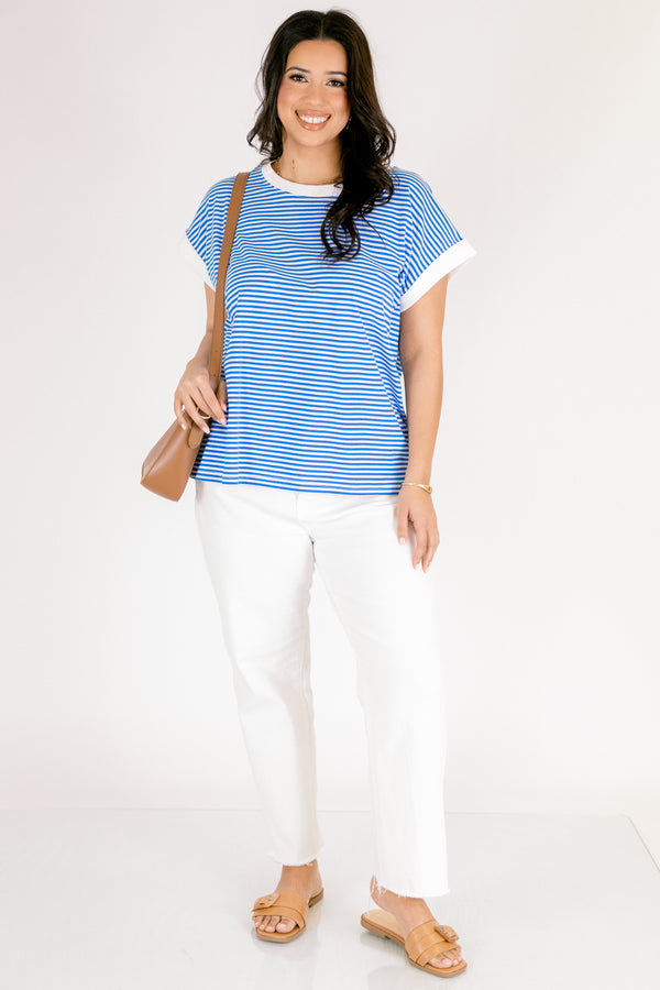 Chic Soul plus size clothing, white and blue horizontal pin stripe short sleeve tee with solid white trim around  the sleeves