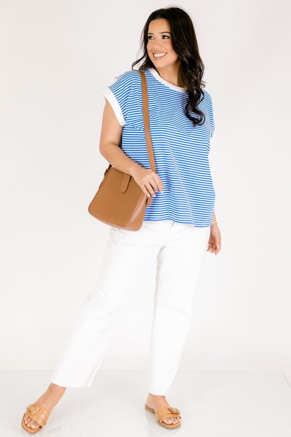 Chic Soul plus size clothing, white and blue horizontal pin stripe short sleeve tee with solid white trim around  the sleeves