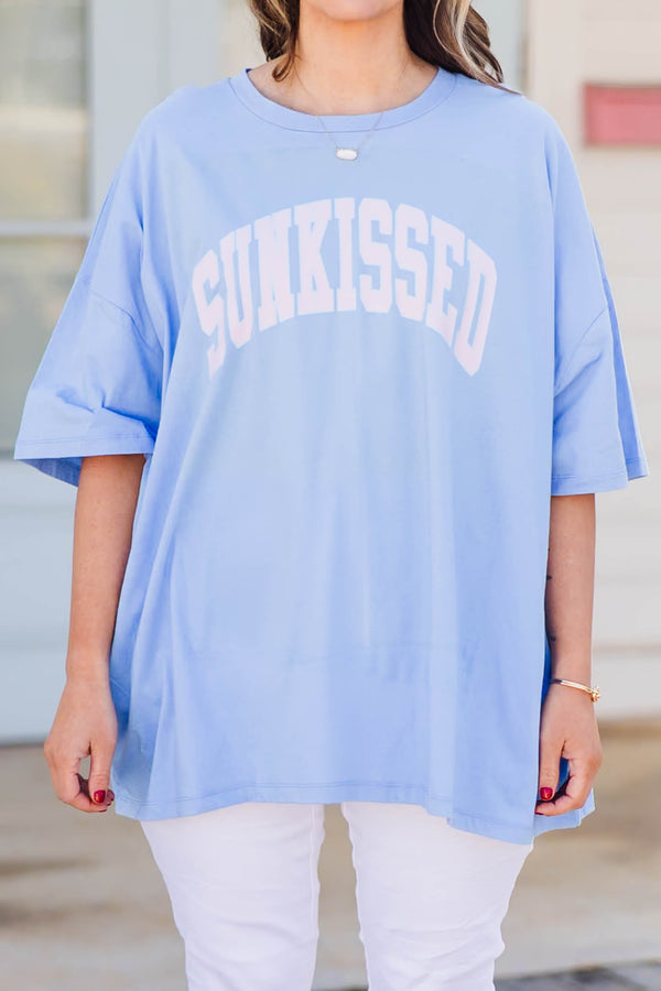 Plus Size oversized spring blue cotton boyfriend tee with a white Sunkissed graphic.