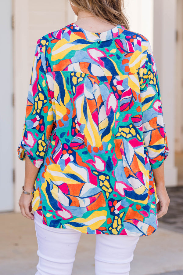 Chic Soul plus size clothing, multi aztec print top with three quarter length sleeves and v cutout along neckline