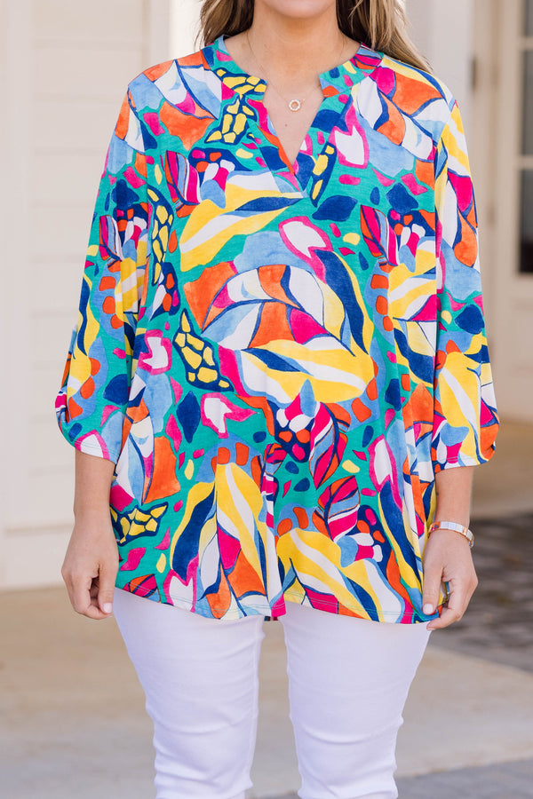 Chic Soul plus size clothing, multi aztec print top with three quarter length sleeves and v cutout along neckline