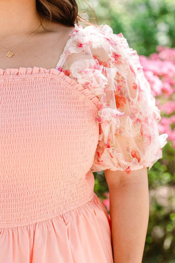 Chic Soul plus size clothing, pink smocked babydoll short sleeve top with pink floral embellished puff sleeves