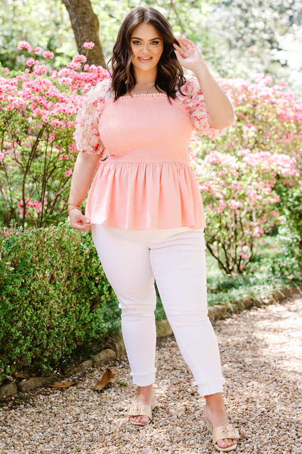 Chic Soul plus size clothing, pink smocked babydoll short sleeve top with pink floral embellished puff sleeves