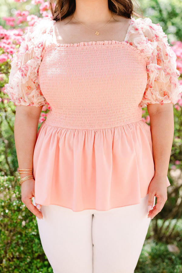 Chic Soul plus size clothing, pink smocked babydoll short sleeve top with pink floral embellished puff sleeves