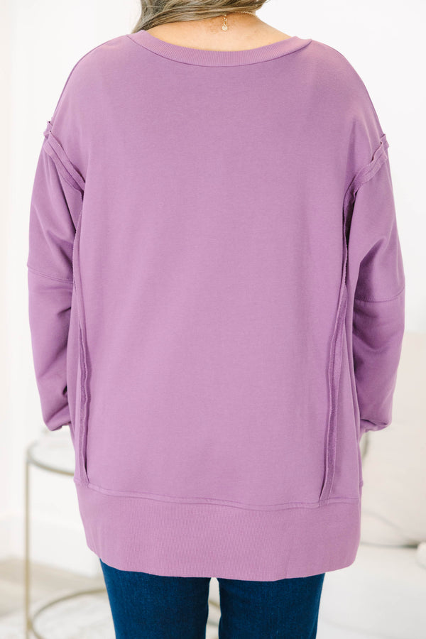 Plus Size dusty plum pullover with a crew neck, drop shoulders, and raw-edge seam detailing.