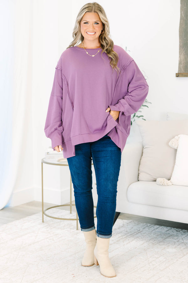Plus Size dusty plum pullover with a crew neck, drop shoulders, and raw-edge seam detailing.