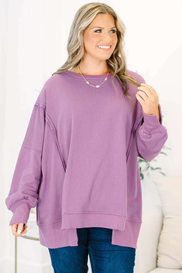 Plus Size dusty plum pullover with a crew neck, drop shoulders, and raw-edge seam detailing.