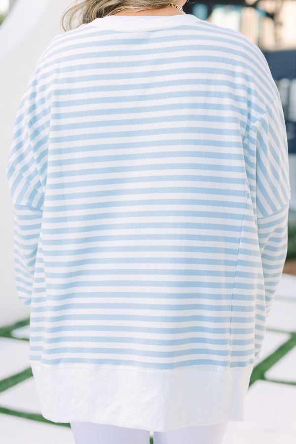 Chic Soul plus size clothing, blue stripe pullover with side slits and exposed seams