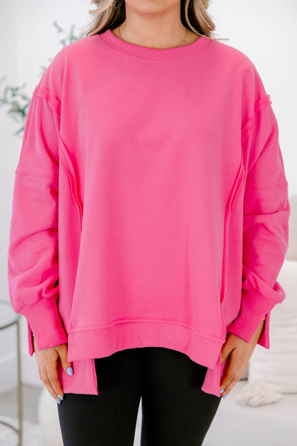 Chic Soul plus size clothing, hot pink long sleeve pullover with cuffs at the end of each sleeve 