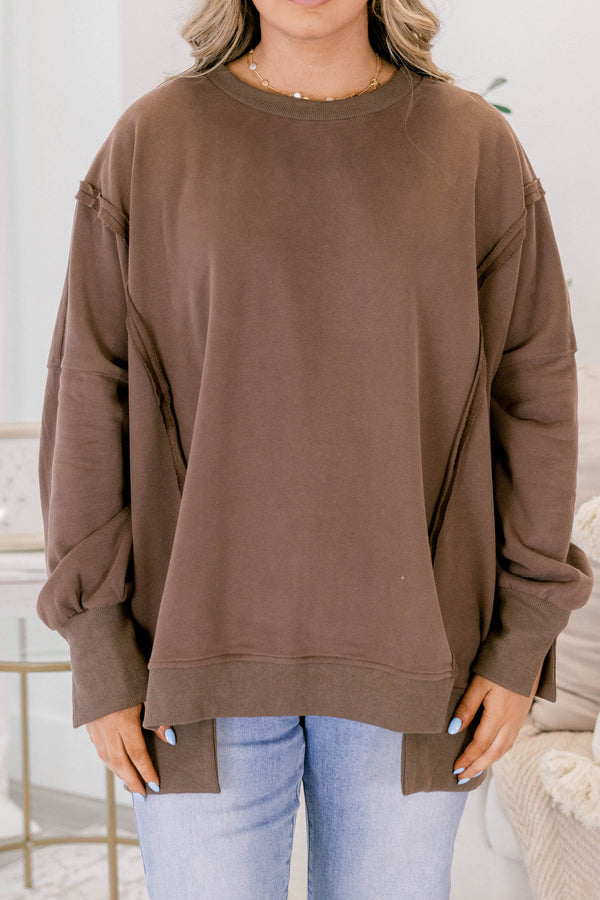 Chic Soul plus size clothing, brown long sleeve crew neck pullover
