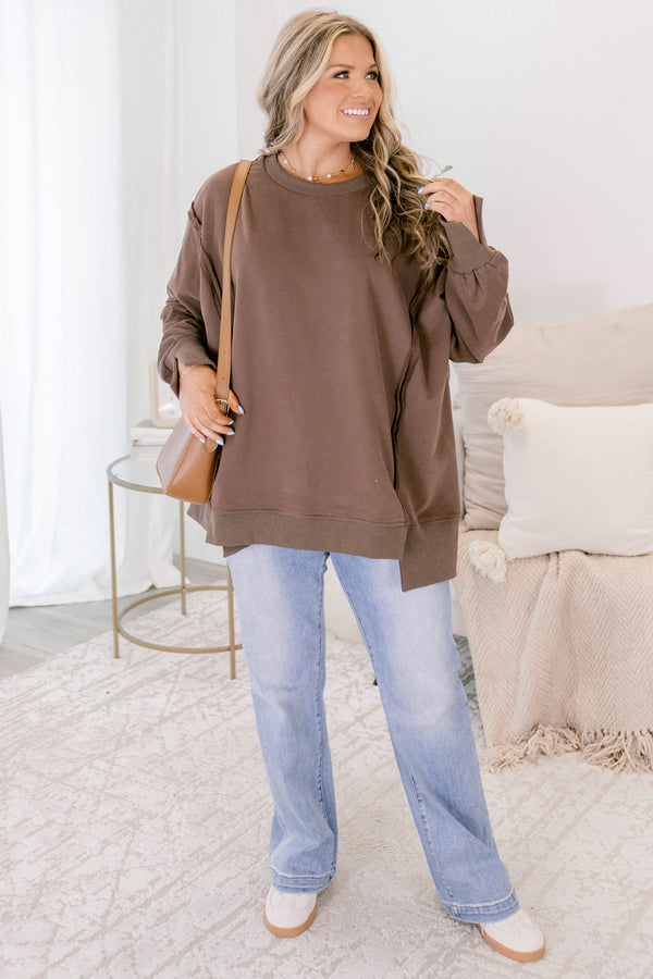 Chic Soul plus size clothing, brown long sleeve crew neck pullover
