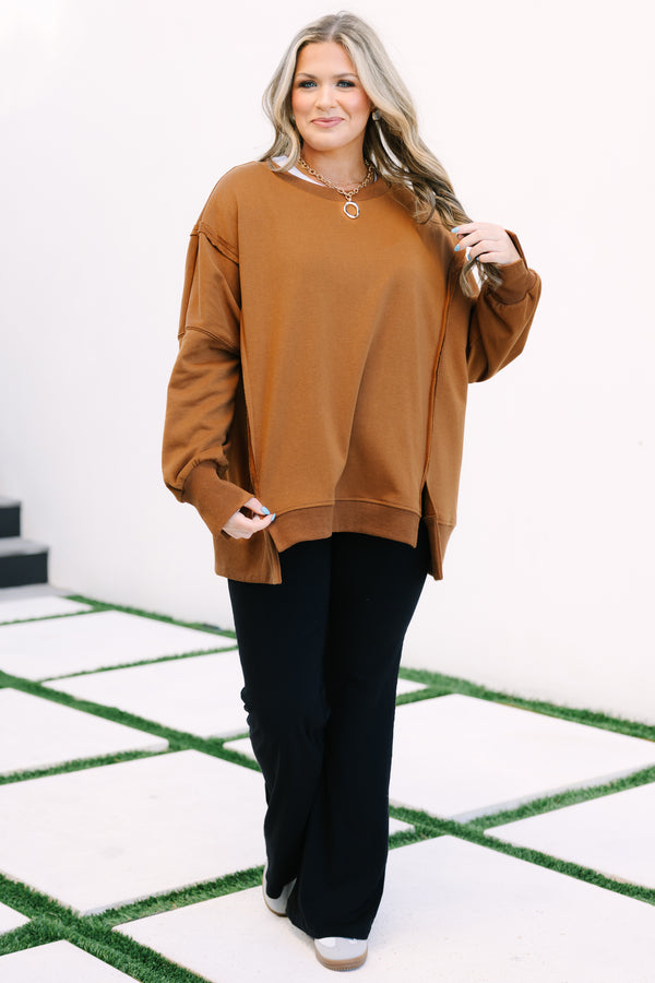 Chic Soul plus size clothing, dark brown long sleeve crewneck oversized pullover