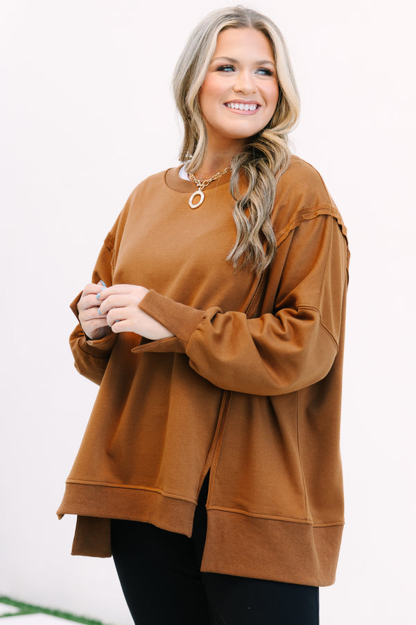 Chic Soul plus size clothing, dark brown long sleeve crewneck oversized pullover