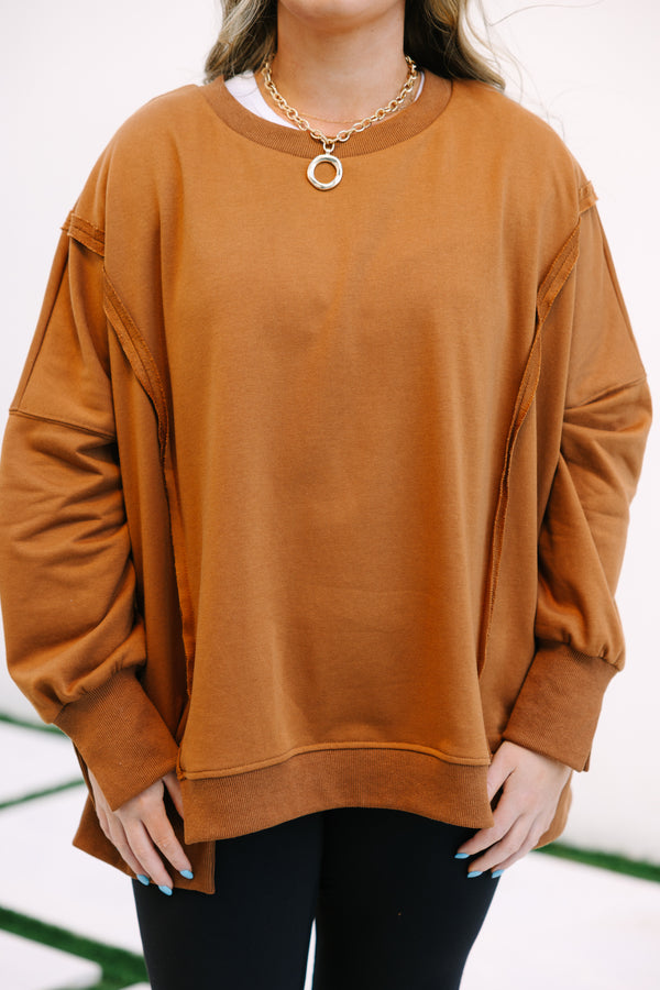 Chic Soul plus size clothing, dark brown long sleeve crewneck oversized pullover
