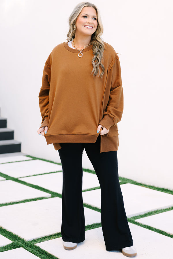 Chic Soul plus size clothing, dark brown long sleeve crewneck oversized pullover