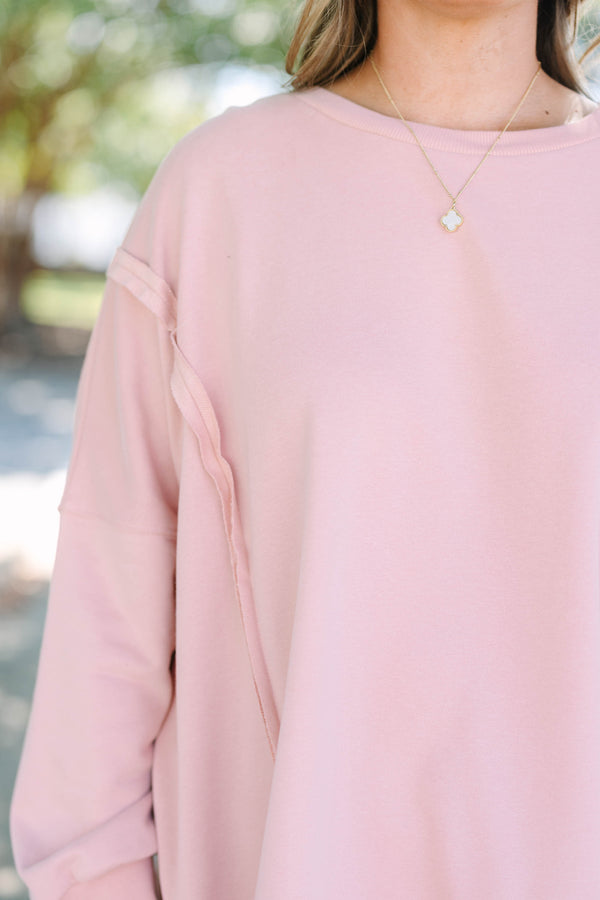 Chic Soul plus size clothing, long-sleeve pink crewneck pullover with inside-out distressed stitching