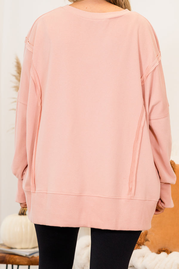 Chic Soul plus size clothing, long-sleeve pink crewneck pullover with inside-out distressed stitching