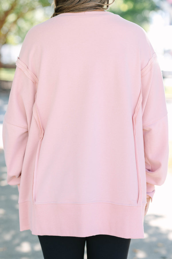 Chic Soul plus size clothing, long-sleeve pink crewneck pullover with inside-out distressed stitching