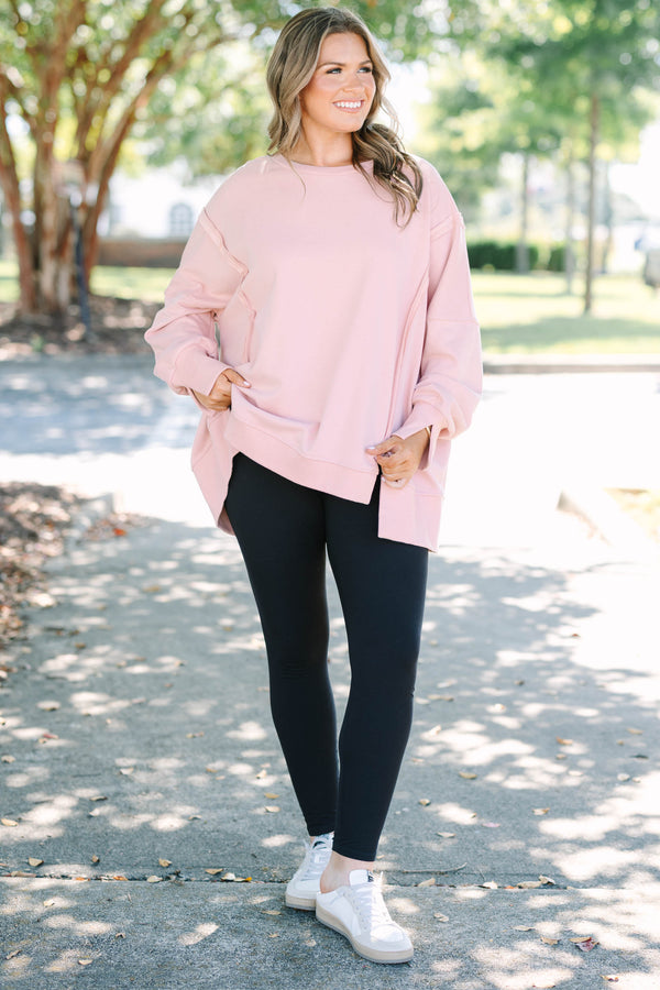 Chic Soul plus size clothing, long-sleeve pink crewneck pullover with inside-out distressed stitching