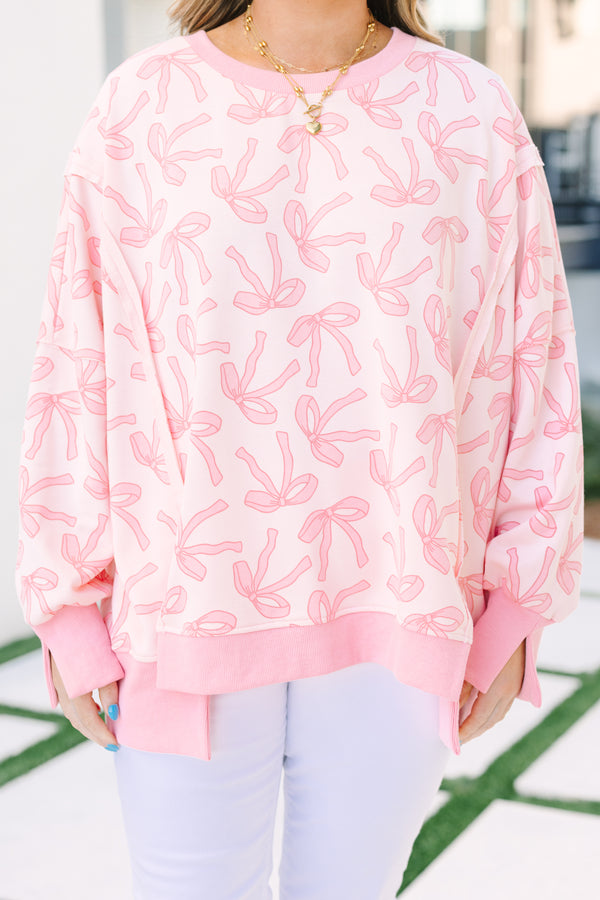 Chic Soul plus size clothing, pink ribbon pullover with side slits and exposed seams