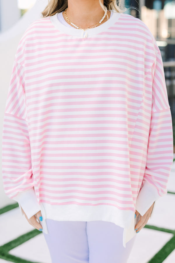 Chic Soul plus size clothing, pink stripe pullover with side slits and exposed seams