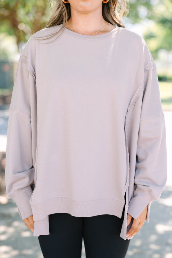 Chic Soul plus size clothing, long-sleeve taupe crewneck pullover with inside-out distressed stitching detailing 
