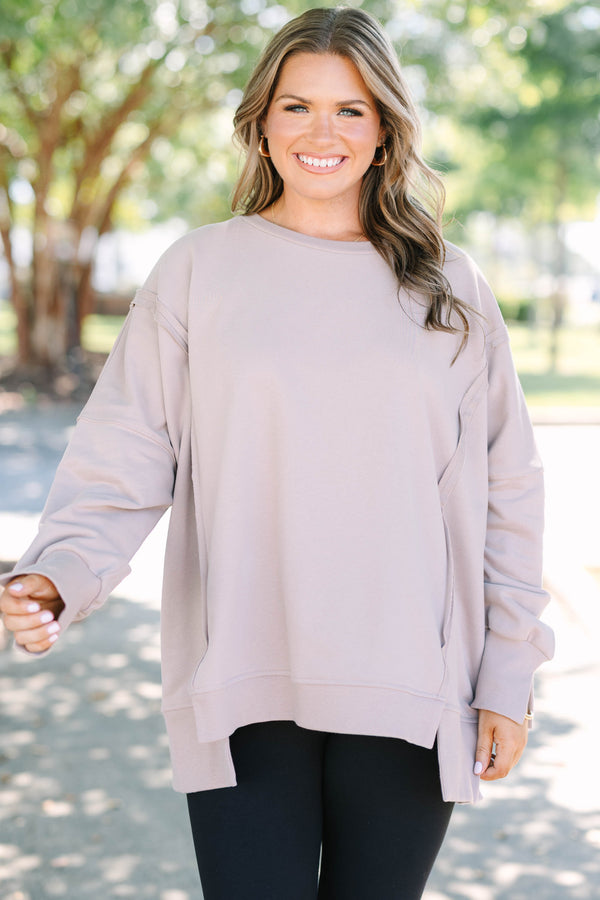 Chic Soul plus size clothing, long-sleeve taupe crewneck pullover with inside-out distressed stitching detailing 