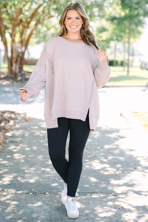 Chic Soul plus size clothing, long-sleeve taupe crewneck pullover with inside-out distressed stitching detailing 