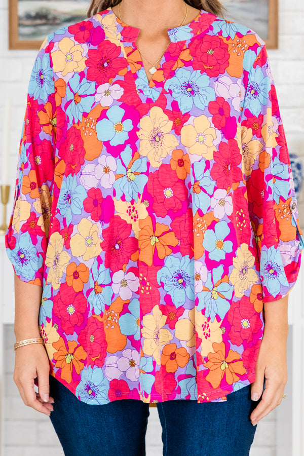 Chic Soul plus size clothing, quarter-sleeve multi-colored v-neckline top with a bright multi-colored floral pattern