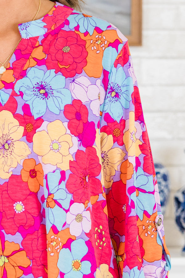 Chic Soul plus size clothing, quarter-sleeve multi-colored v-neckline top with a bright multi-colored floral pattern