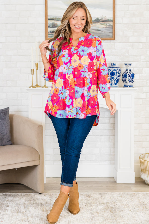 Chic Soul plus size clothing, quarter-sleeve multi-colored v-neckline top with a bright multi-colored floral pattern