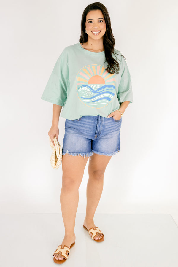 Chic Soul plus size clothing, light green oversized boyfriend tee with sunset graphic