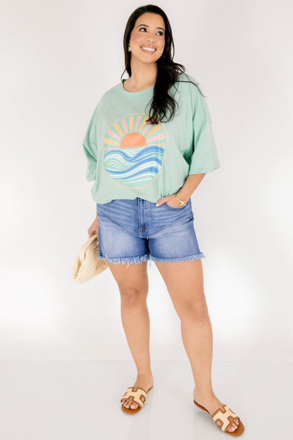 Chic Soul plus size clothing, light green oversized boyfriend tee with sunset graphic
