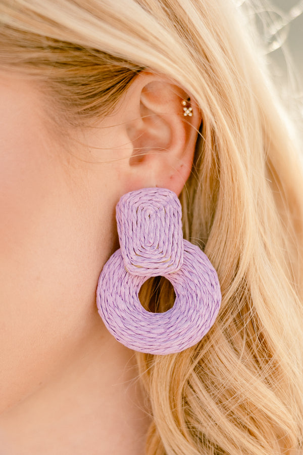 Chic Soul plus size clothing, lavender purple woven chunky dangle earrings with a rectangle shape on top of a ring shape