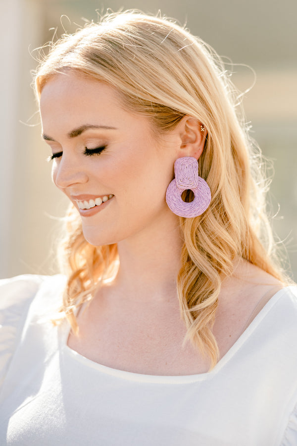 Chic Soul plus size clothing, lavender purple woven chunky dangle earrings with a rectangle shape on top of a ring shape