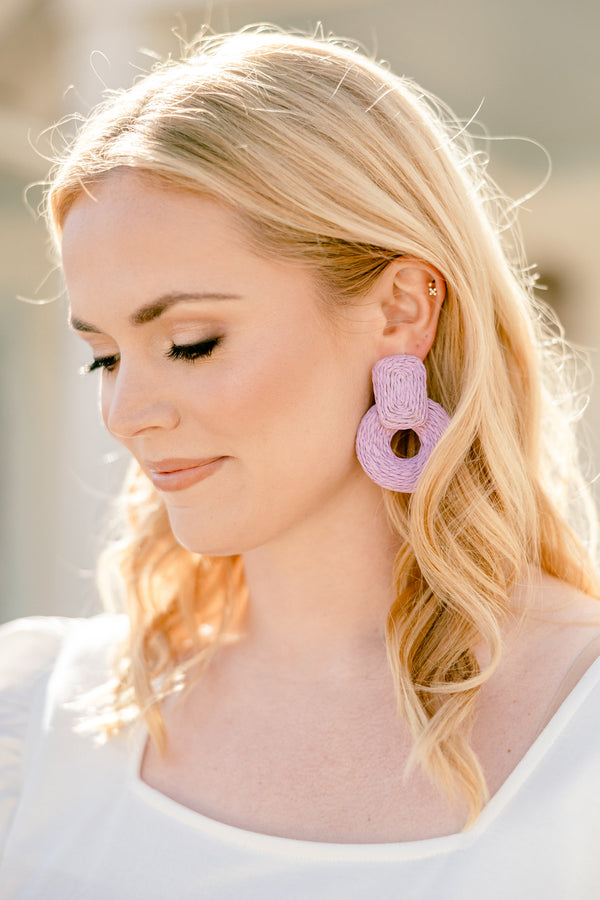 Chic Soul plus size clothing, lavender purple woven chunky dangle earrings with a rectangle shape on top of a ring shape