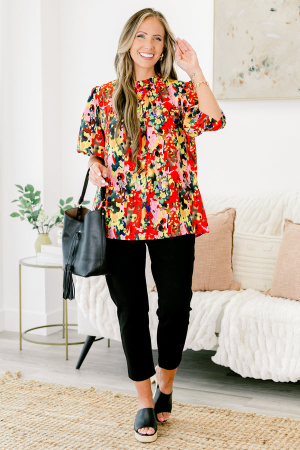 Chic Soul plus size clothing, abstract paint splatter patterned multicolor blouse including red and light pink and yellow and black plus pleated mock neck and short-bubble sleeves