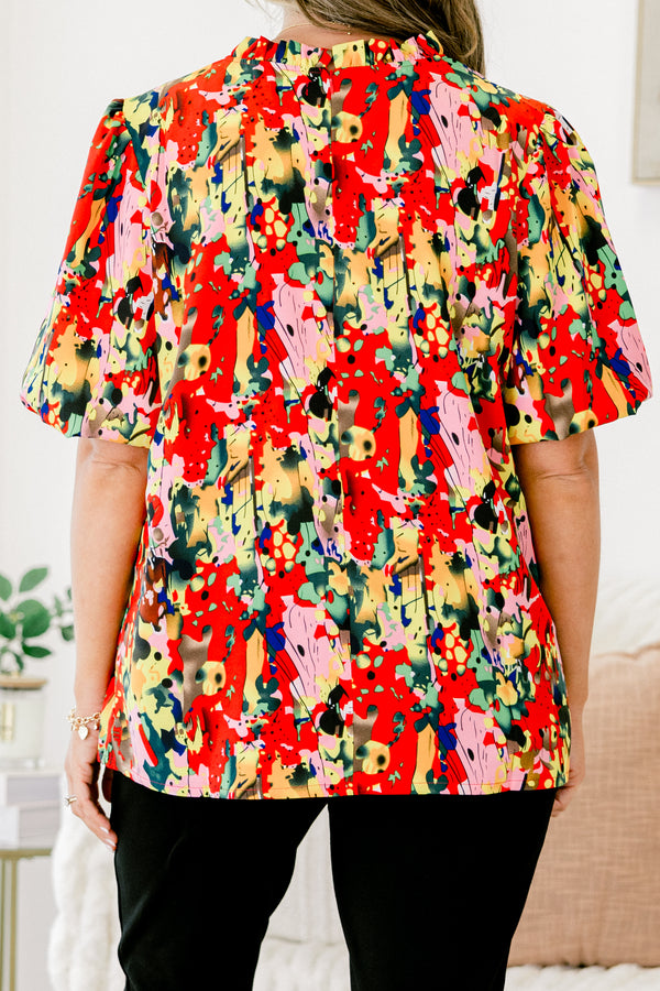Chic Soul plus size clothing, abstract paint splatter patterned multicolor blouse including red and light pink and yellow and black plus pleated mock neck and short-bubble sleeves