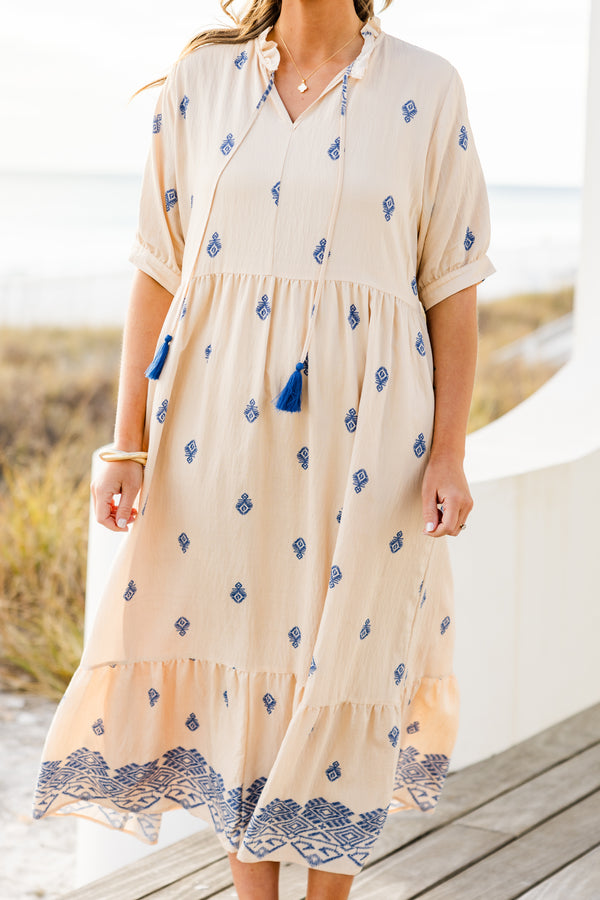 Chic Soul plus size clothing, puffed-short-sleeve ivory baby doll ruffled midi dress with a split-v-neckline with tassels and subtle navy blue paisley pattern 