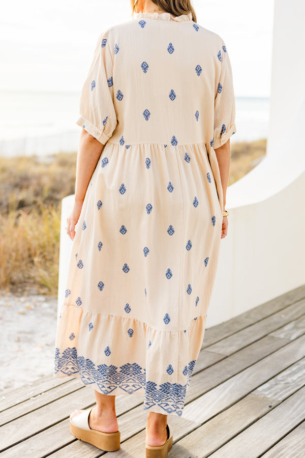 Chic Soul plus size clothing, puffed-short-sleeve ivory baby doll ruffled midi dress with a split-v-neckline with tassels and subtle navy blue paisley pattern 