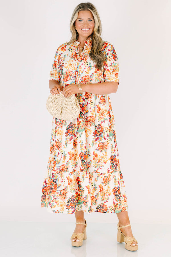 Chic Soul plus size clothing, cream short sleeve maxi dress with v neckline and cinched waist with puff sleeves with multi floral pattern