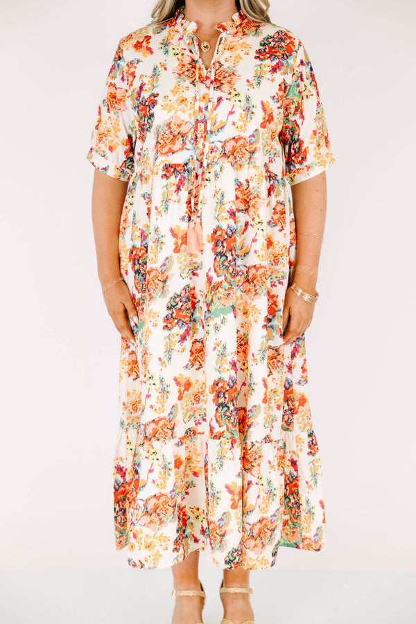 Chic Soul plus size clothing, cream short sleeve maxi dress with v neckline and cinched waist with puff sleeves with multi floral pattern