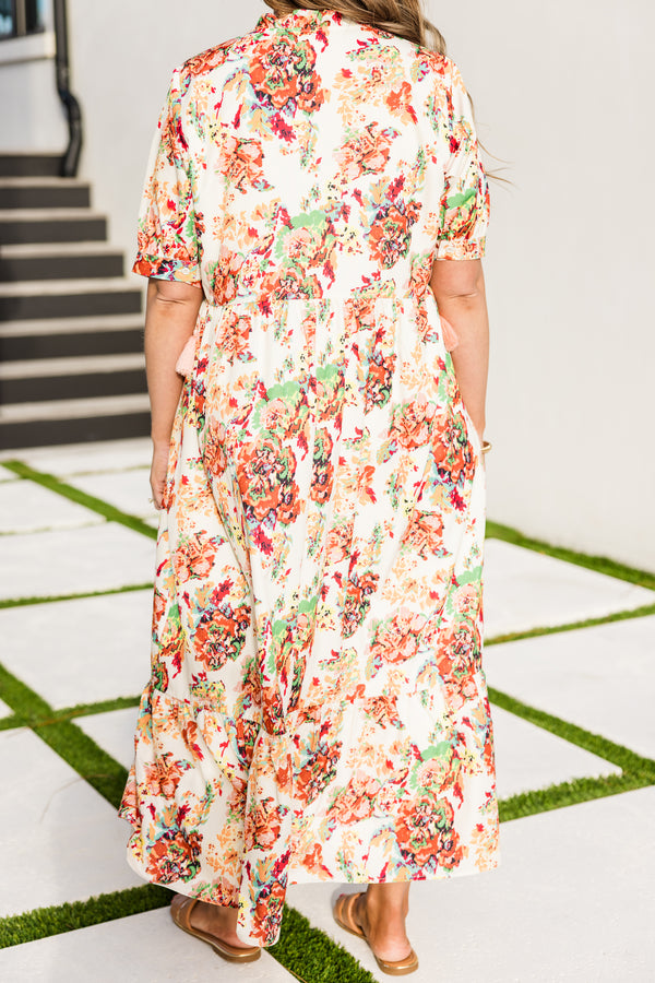 Chic Soul plus size clothing, cream short sleeve maxi dress with v neckline and cinched waist with puff sleeves with multi floral pattern