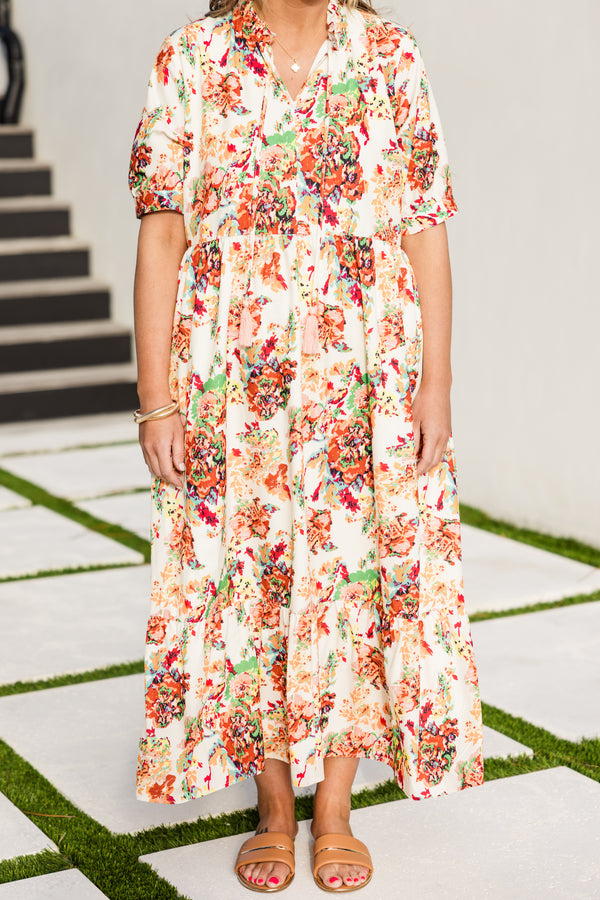 Chic Soul plus size clothing, cream short sleeve maxi dress with v neckline and cinched waist with puff sleeves with multi floral pattern