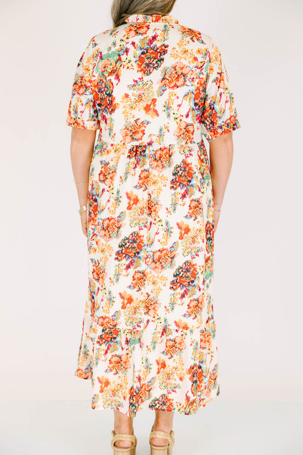 Chic Soul plus size clothing, cream short sleeve maxi dress with v neckline and cinched waist with puff sleeves with multi floral pattern