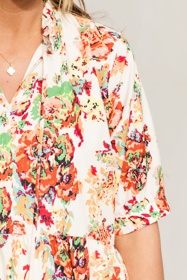 Chic Soul plus size clothing, cream short sleeve maxi dress with v neckline and cinched waist with puff sleeves with multi floral pattern