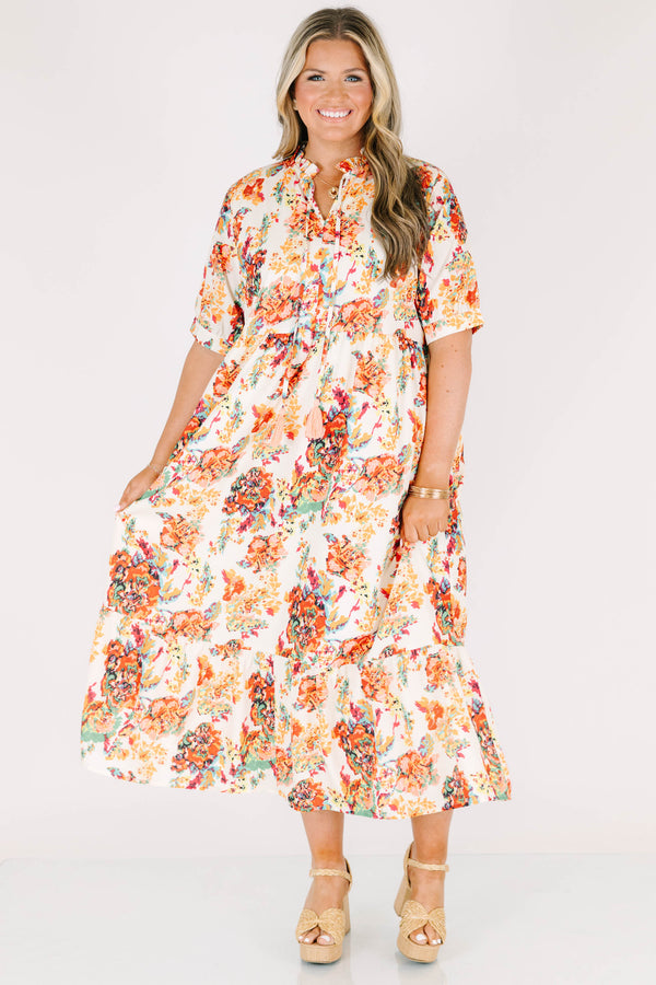 Chic Soul plus size clothing, cream short sleeve maxi dress with v neckline and cinched waist with puff sleeves with multi floral pattern