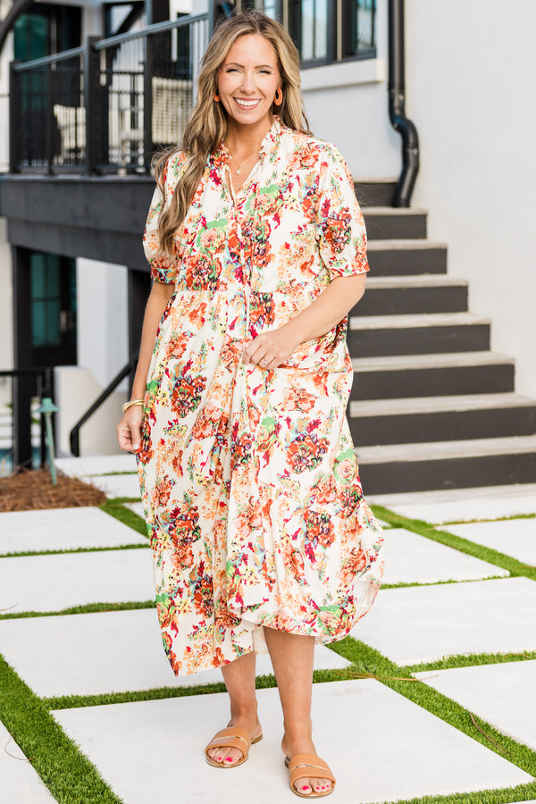 Chic Soul plus size clothing, cream short sleeve maxi dress with v neckline and cinched waist with puff sleeves with multi floral pattern