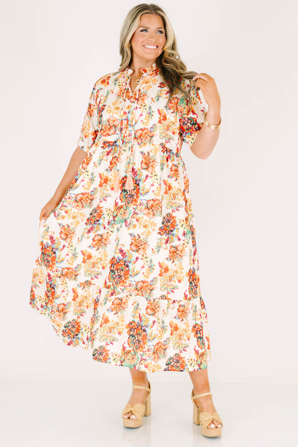 Chic Soul plus size clothing, cream short sleeve maxi dress with v neckline and cinched waist with puff sleeves with multi floral pattern